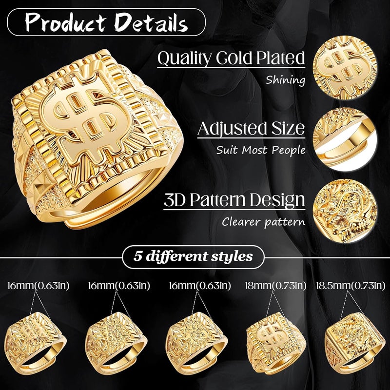 NICEIGHT 5Pcs 18K Gold Filled Rings Set for Men Women Kanji Rings Rich Luck Wealth Dragon Dollar Rings Set Adjustable Size - Image 3